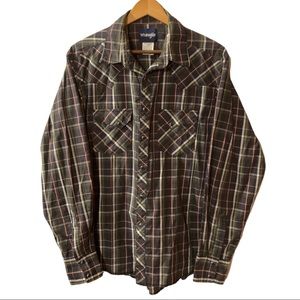 Vintage Large Wrangler Green Grey Plaid Pearl Snap Western Rodeo Rockabilly 90s